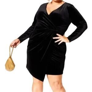 City Chic Velvet Asymmetrical Faux Wrap Mini Dress in Black Plus Size 18